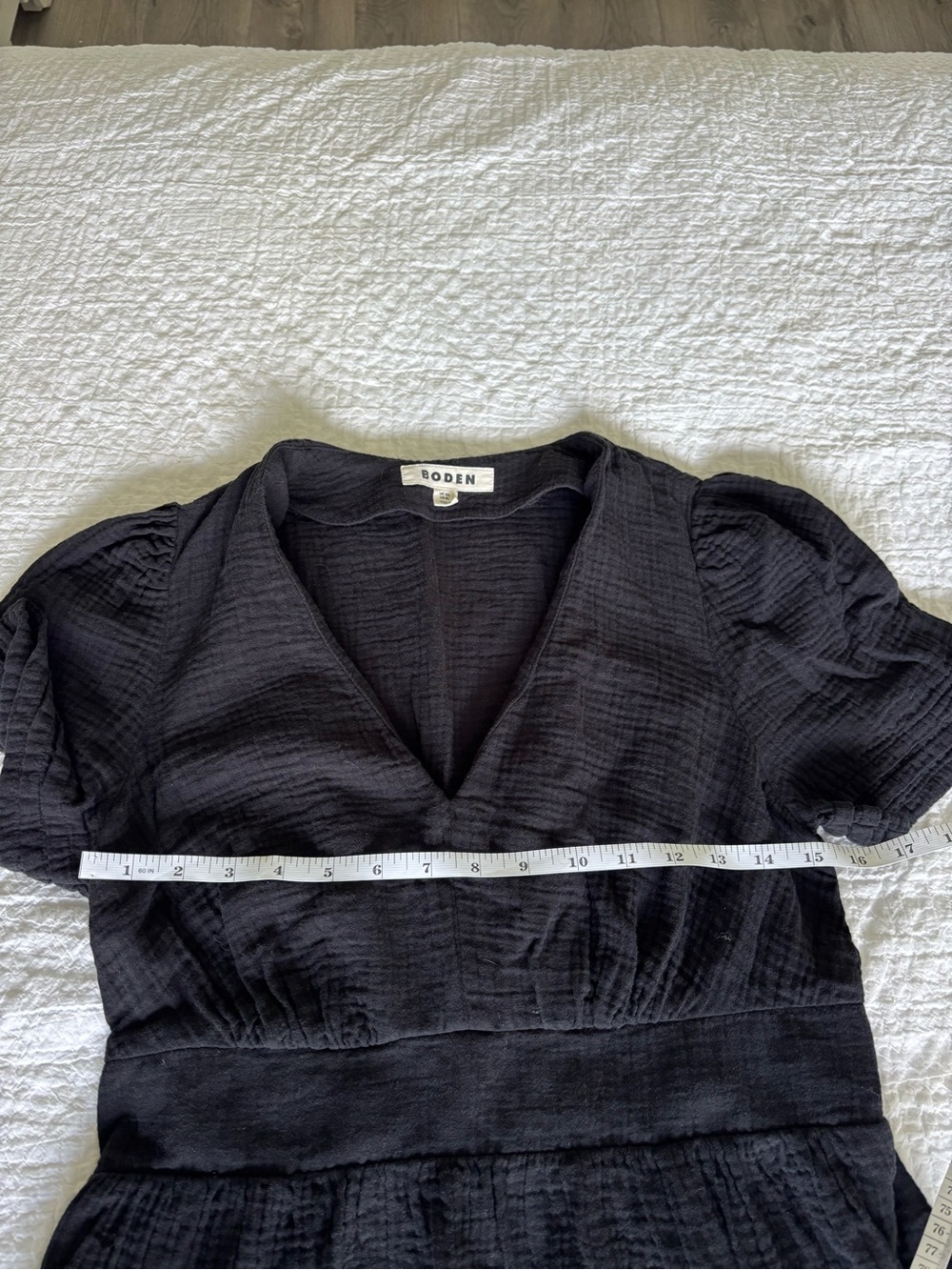 Boden 100% Cotton Black V-Neck Textured Empire Waist Dress | US 8L - Picture 7 of 12